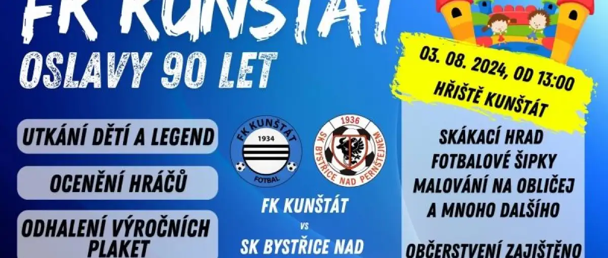 FK Kunštát letos oslaví 90 let od založení klubu, což si i ty nemůžeš nechat ujít! 